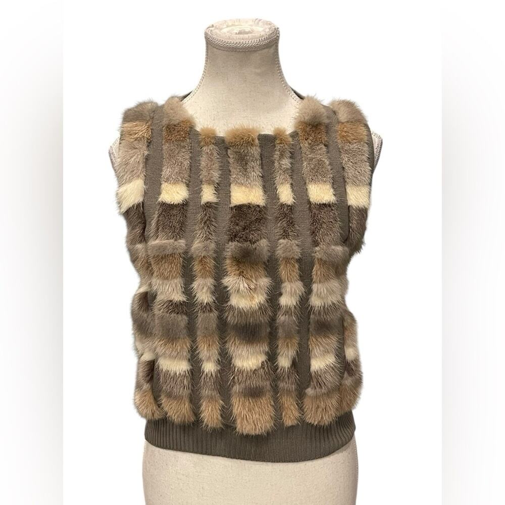 Maurizio Pecoraro Womens Sleeveless Faux Fur Striped Sweater Vest Size:10
